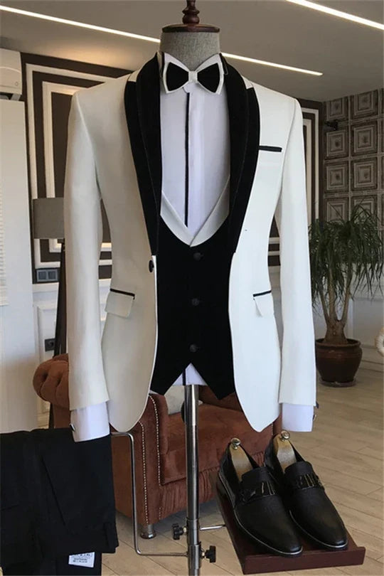 Suzhoufashion White Shawl Lapel Three Pieces Wedding Groom Suits