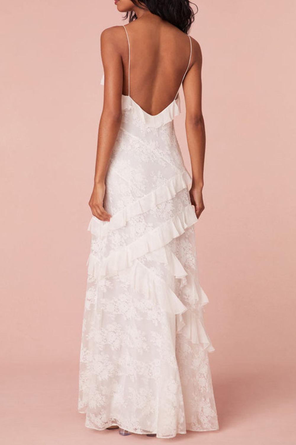 Suzhoufashion White Sheath Spaghetti Straps Backless Long Dress With Ruffles Graduation Dress Formal Evening Gown
