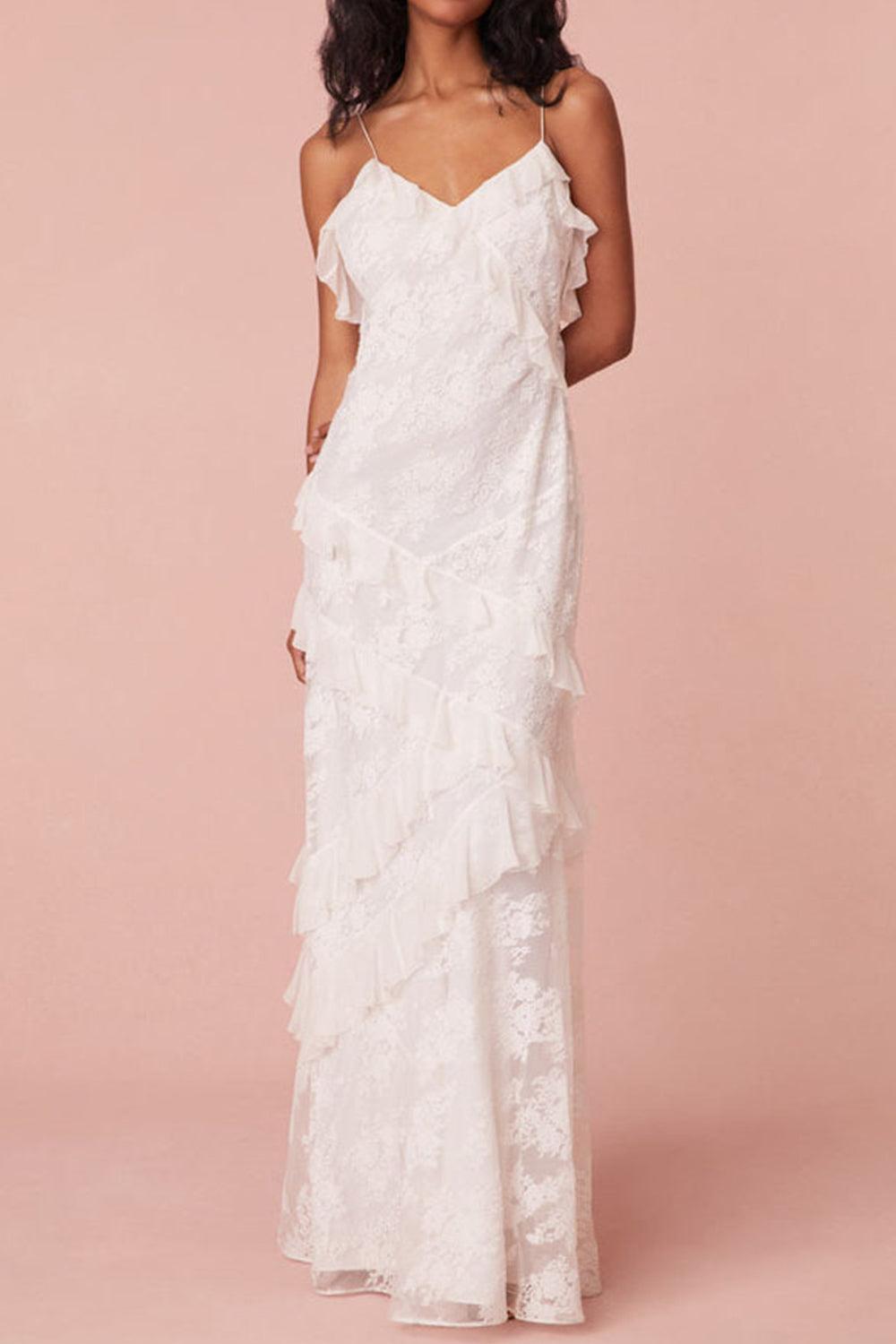 Suzhoufashion White Sheath Spaghetti Straps Backless Long Dress With Ruffles Graduation Dress Formal Evening Gown