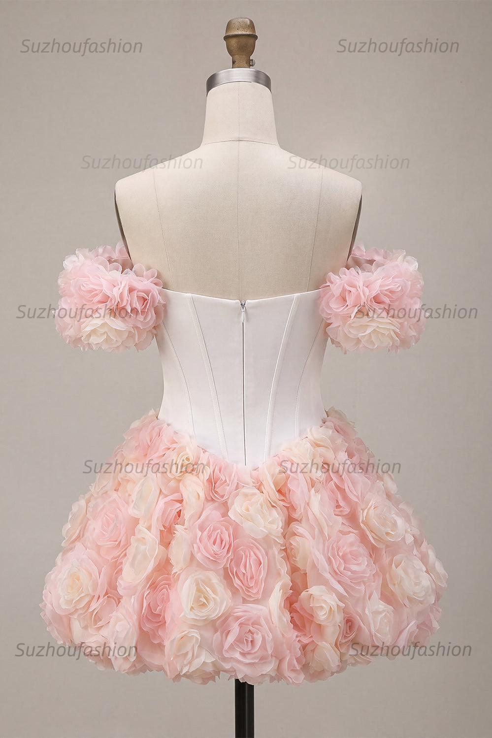 Suzhoufashion White and Pink A-Line Corset Short Homecoming Dress with 3D Flowers