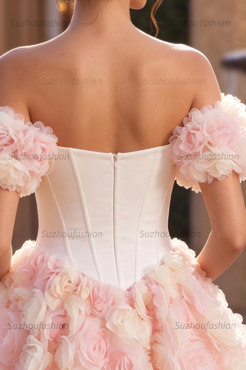 Suzhoufashion White and Pink A-Line Corset Short Homecoming Dress with 3D Flowers