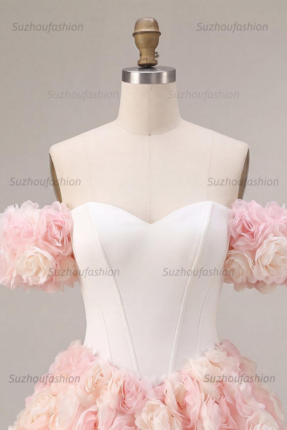Suzhoufashion White and Pink A-Line Corset Short Homecoming Dress with 3D Flowers