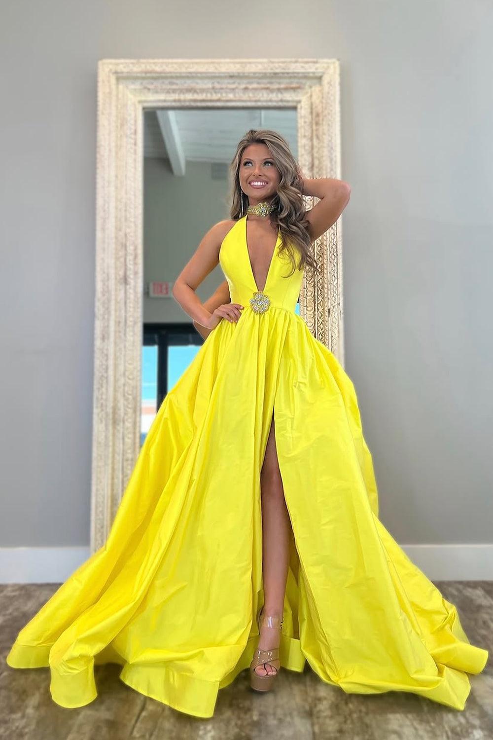 Suzhoufashion Yellow A-Line Long Satin Prom Dress With Deep V-Neck And Elegant Beading Formal Evening Gown