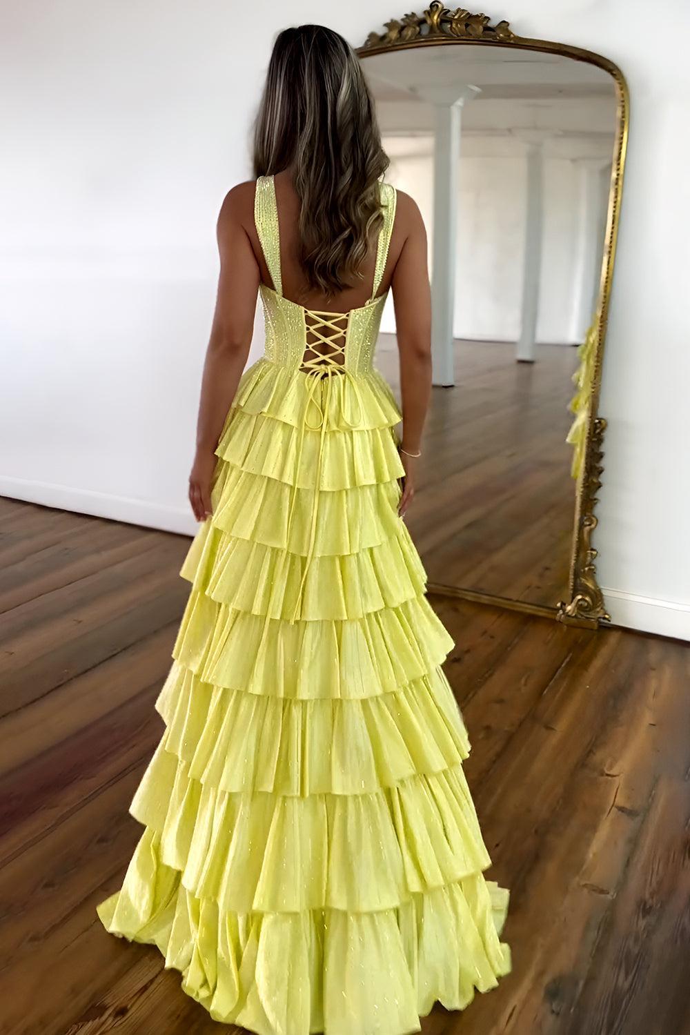 Suzhoufashion Yellow A Line Prom Dress With Lace Up Back Tiered Skirt And Leg Slit Formal Evening Gown