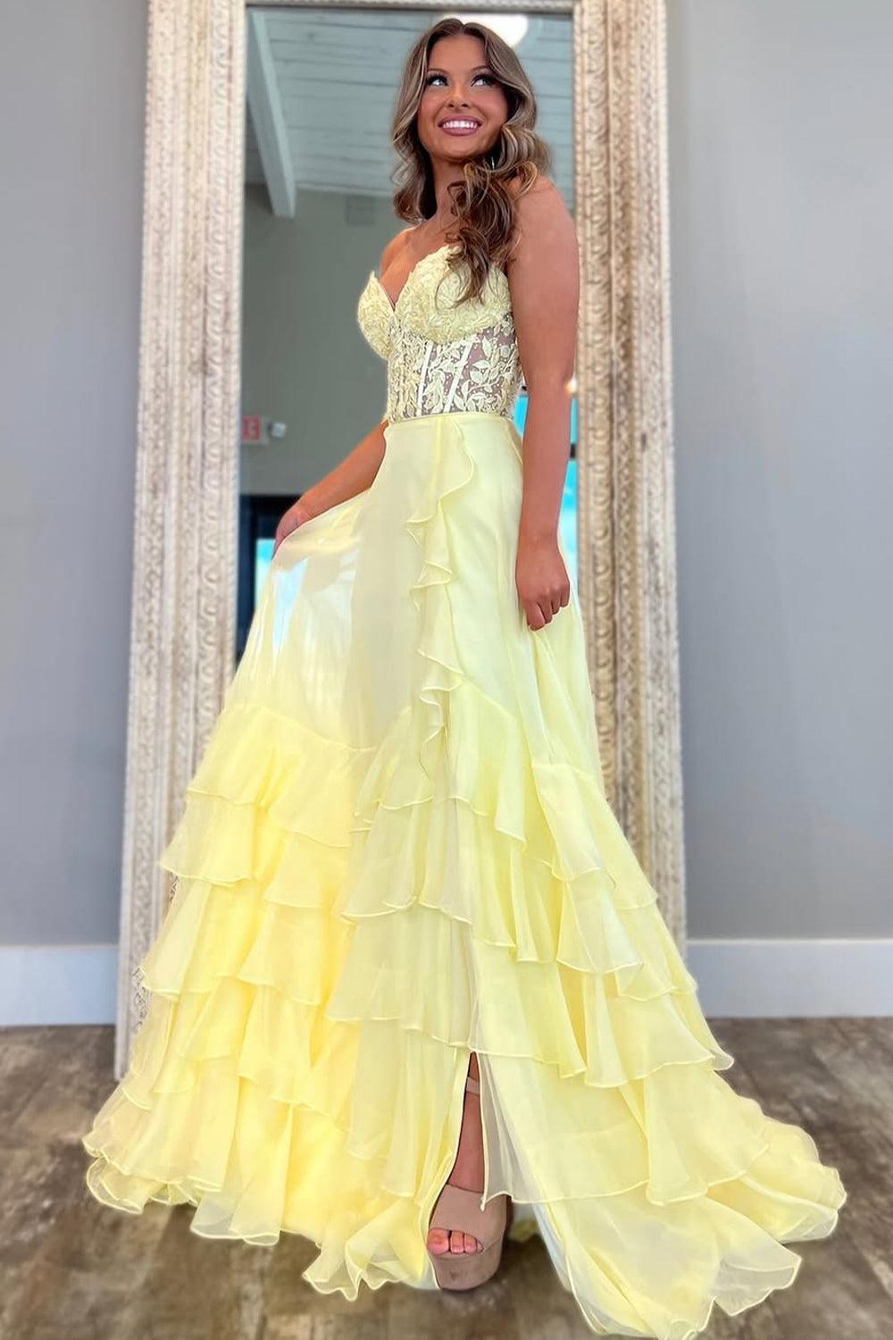 Suzhoufashion Yellow A-Line Sweetheart Lace Top Long Chiffon Prom Dress With Ruffle Skirt Formal Evening Gown