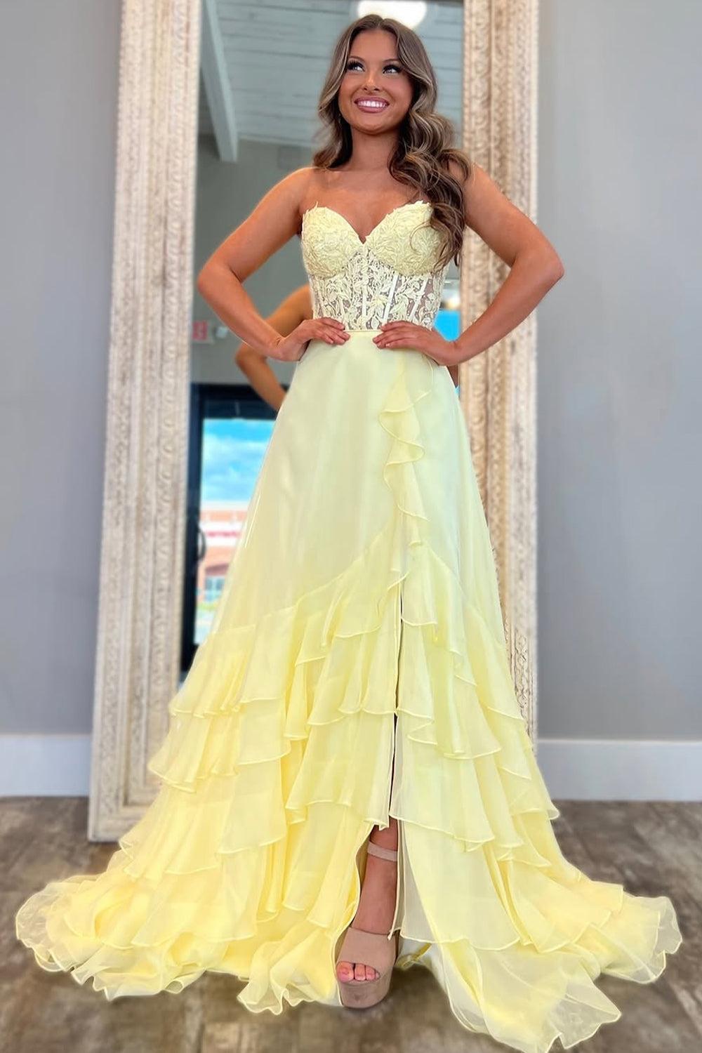Suzhoufashion Yellow A-Line Sweetheart Lace Top Long Chiffon Prom Dress With Ruffle Skirt Formal Evening Gown