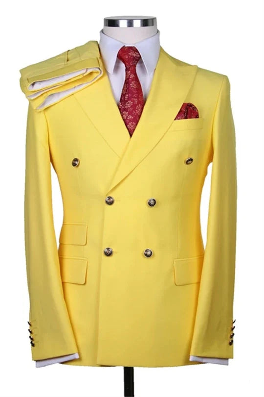 Suzhoufashion Yellow Peaked Lapel Double Breasted Wedding Groom Suits