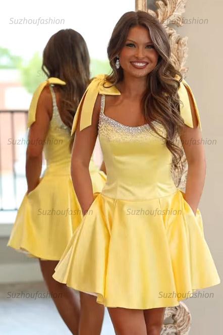 Suzhoufashion Yellow Satin Bow Strap Beaded A-Line Mini Homecoming Dress
