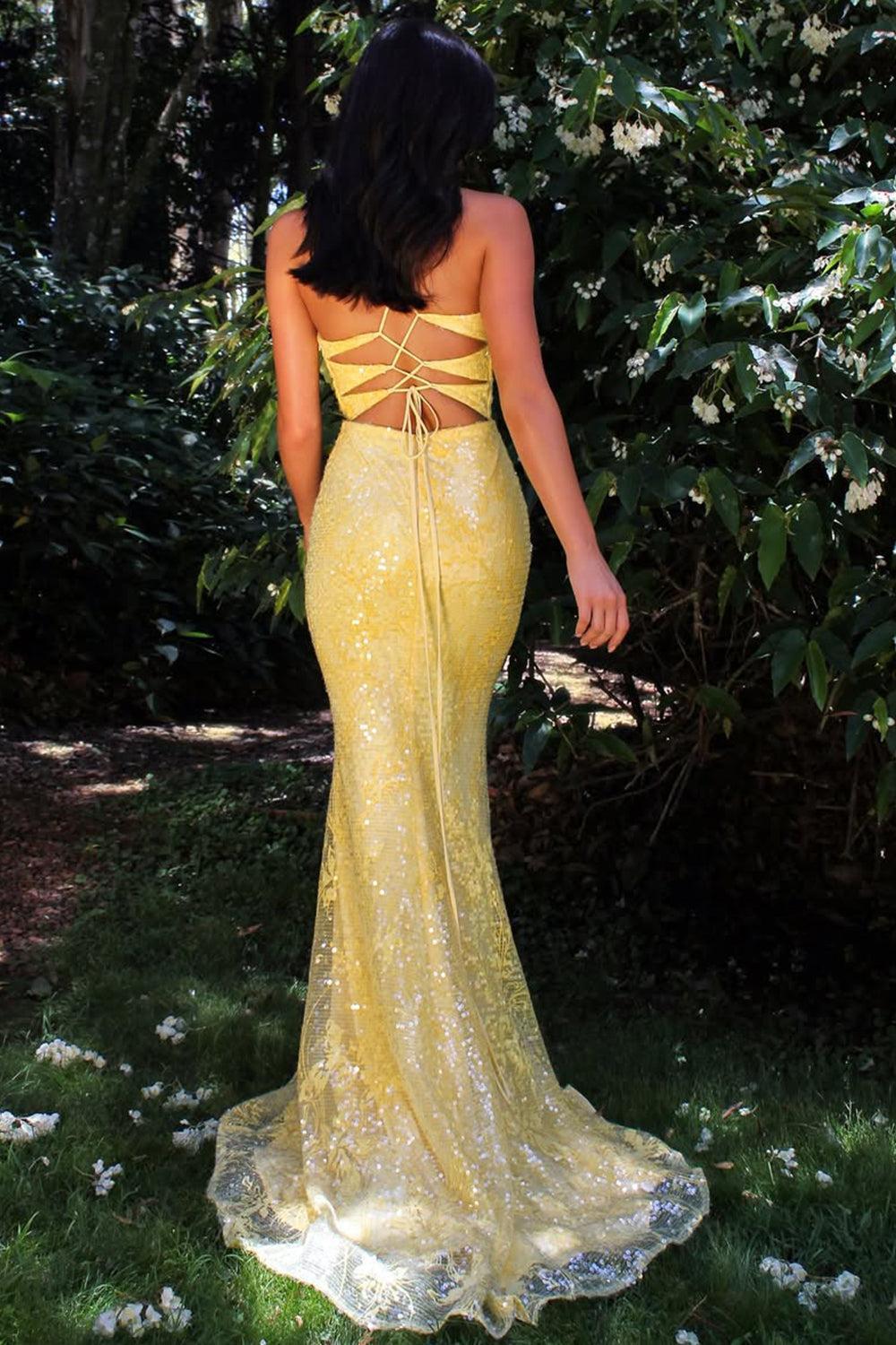 Suzhoufashion Yellow Sequin Strapless Mermaid Prom Dress With Crisscross Open Back Formal Evening Gown