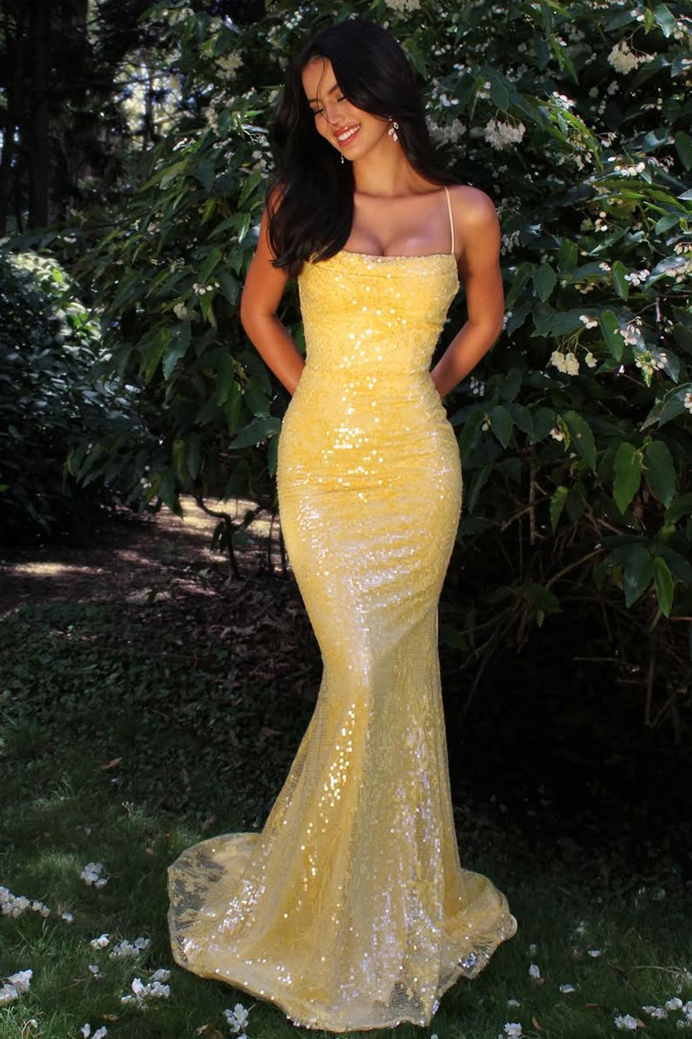 Suzhoufashion Yellow Sequin Strapless Mermaid Prom Dress With Crisscross Open Back Formal Evening Gown