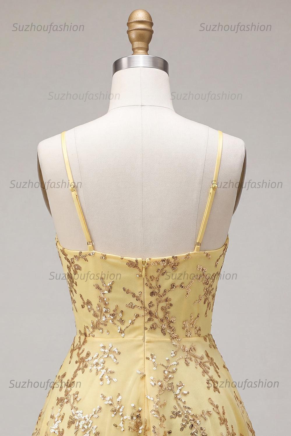 Suzhoufashion Yellow Spaghetti Straps Sequin A-Line Short Homecoming Dress