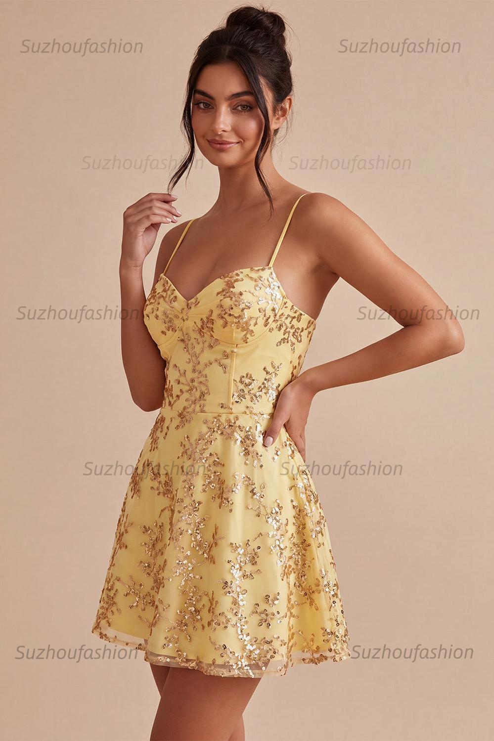 Suzhoufashion Yellow Spaghetti Straps Sequin A-Line Short Homecoming Dress