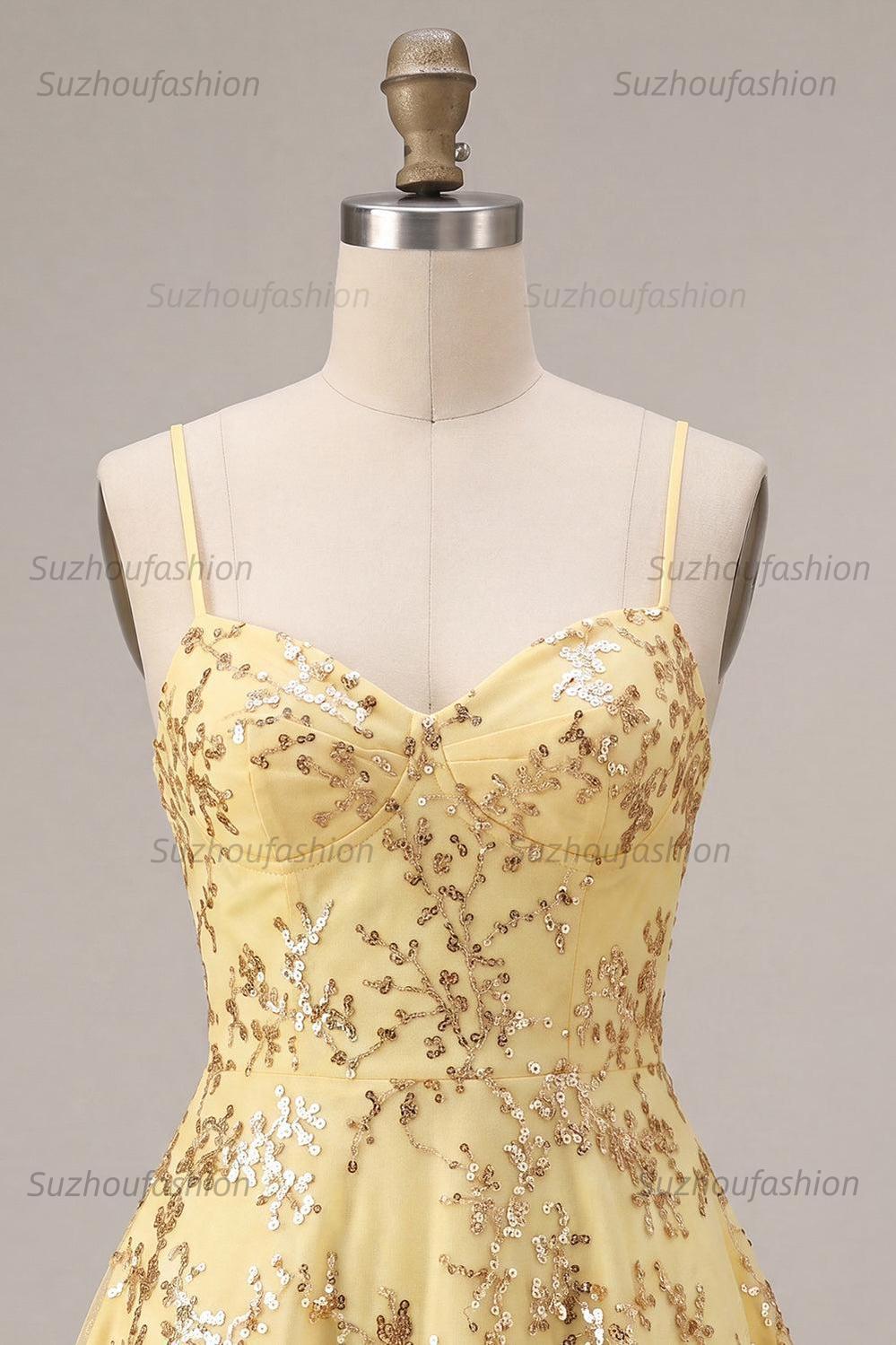 Suzhoufashion Yellow Spaghetti Straps Sequin A-Line Short Homecoming Dress