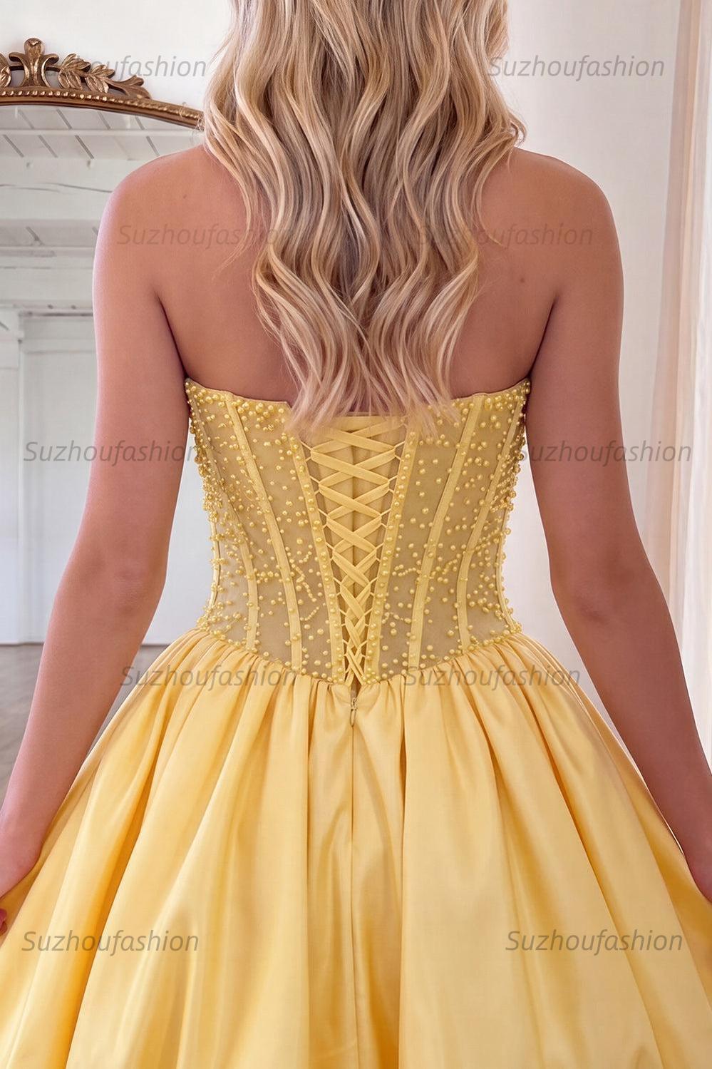 Suzhoufashion Yellow Strapless A-Line Beaded Short Corset Homecoming Dress