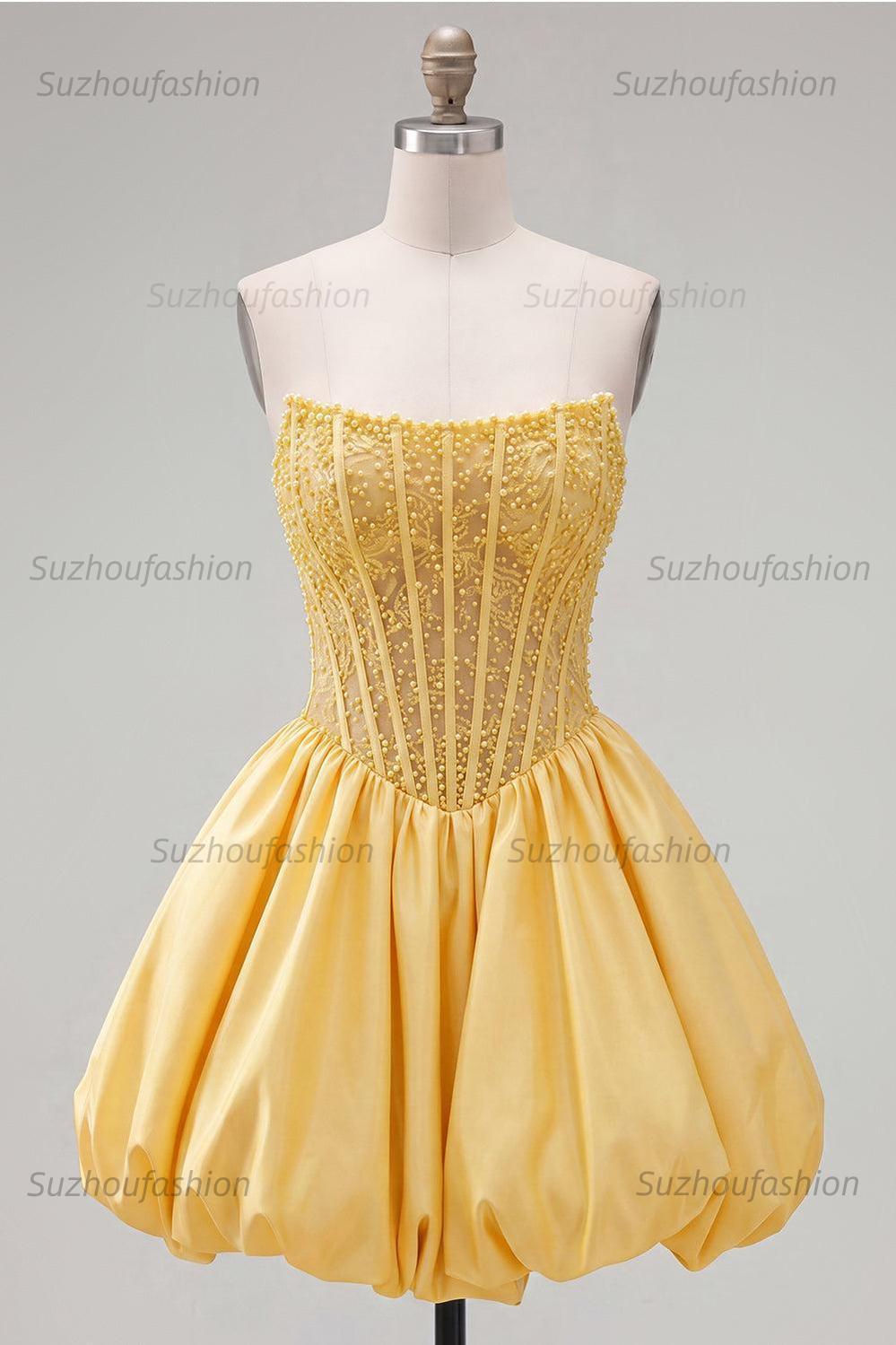 Suzhoufashion Yellow Strapless A-Line Beaded Short Corset Homecoming Dress