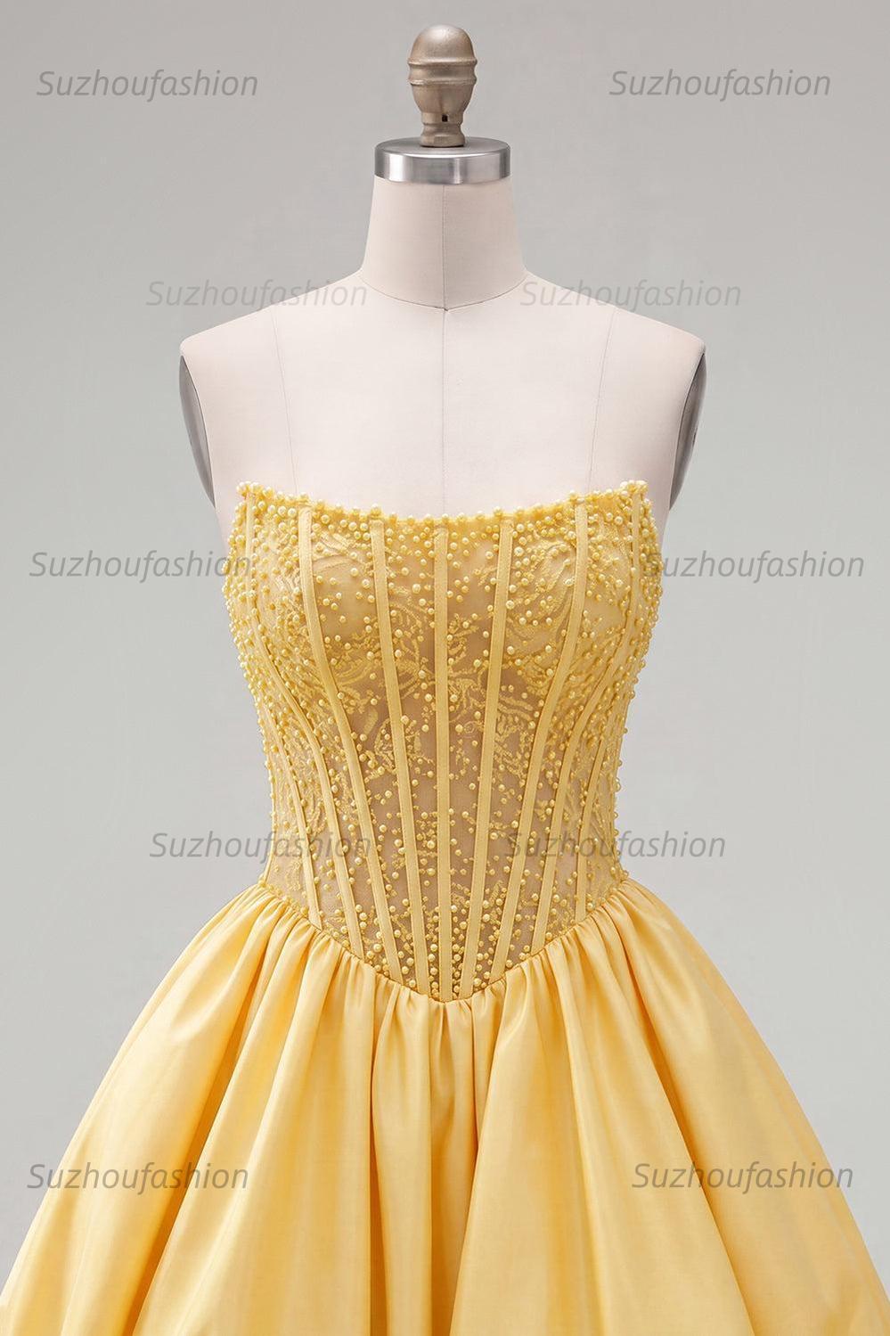 Suzhoufashion Yellow Strapless A-Line Beaded Short Corset Homecoming Dress