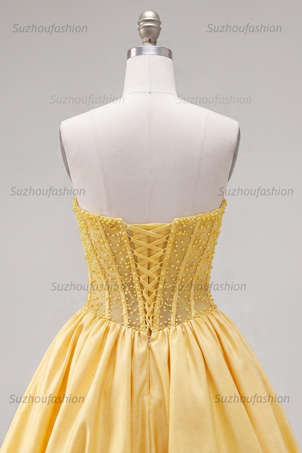 Suzhoufashion Yellow Strapless A-Line Beaded Short Corset Homecoming Dress