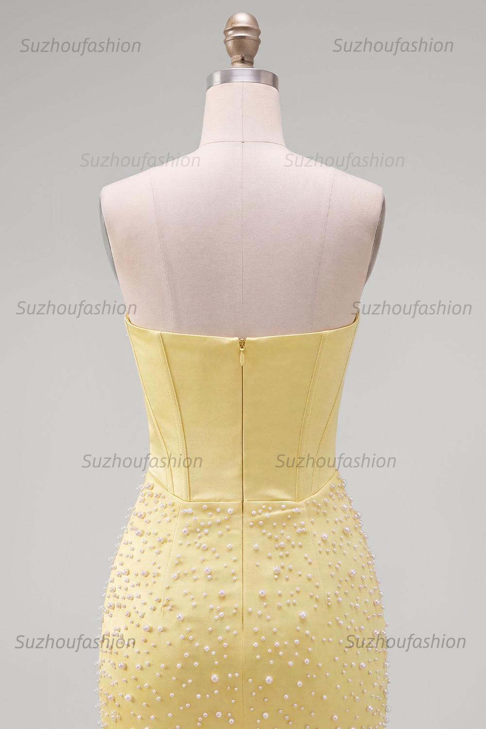 Suzhoufashion Yellow Strapless Beaded Tight Short Corset Homecoming Dress