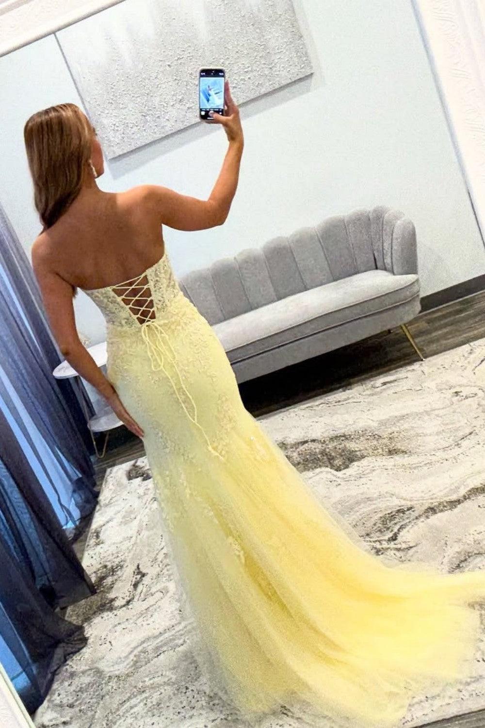 Suzhoufashion Yellow Sweetheart Lace Up Cutout Prom Dress With Lace Details Formal Evening Gown