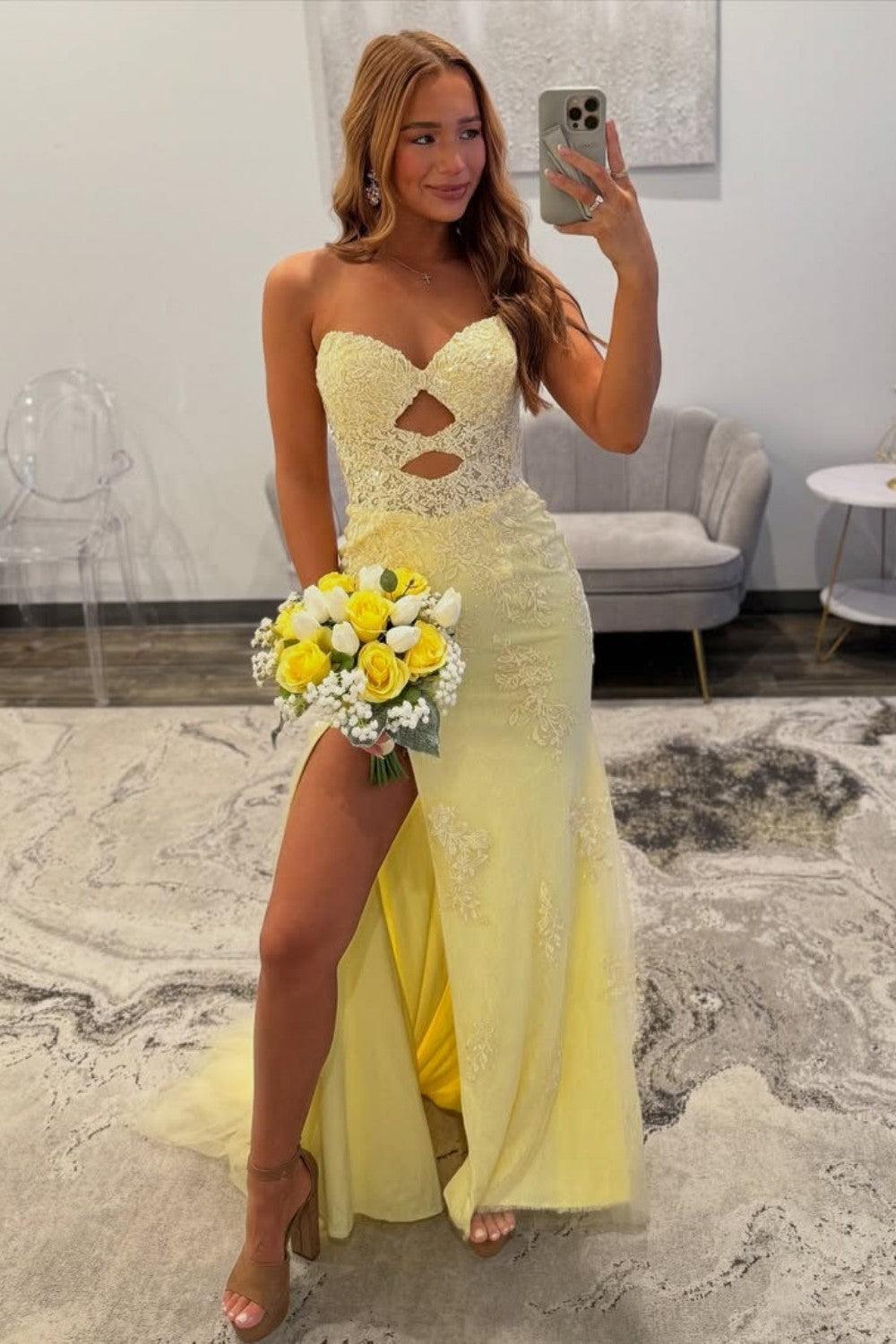 Suzhoufashion Yellow Sweetheart Lace Up Cutout Prom Dress With Lace Details Formal Evening Gown