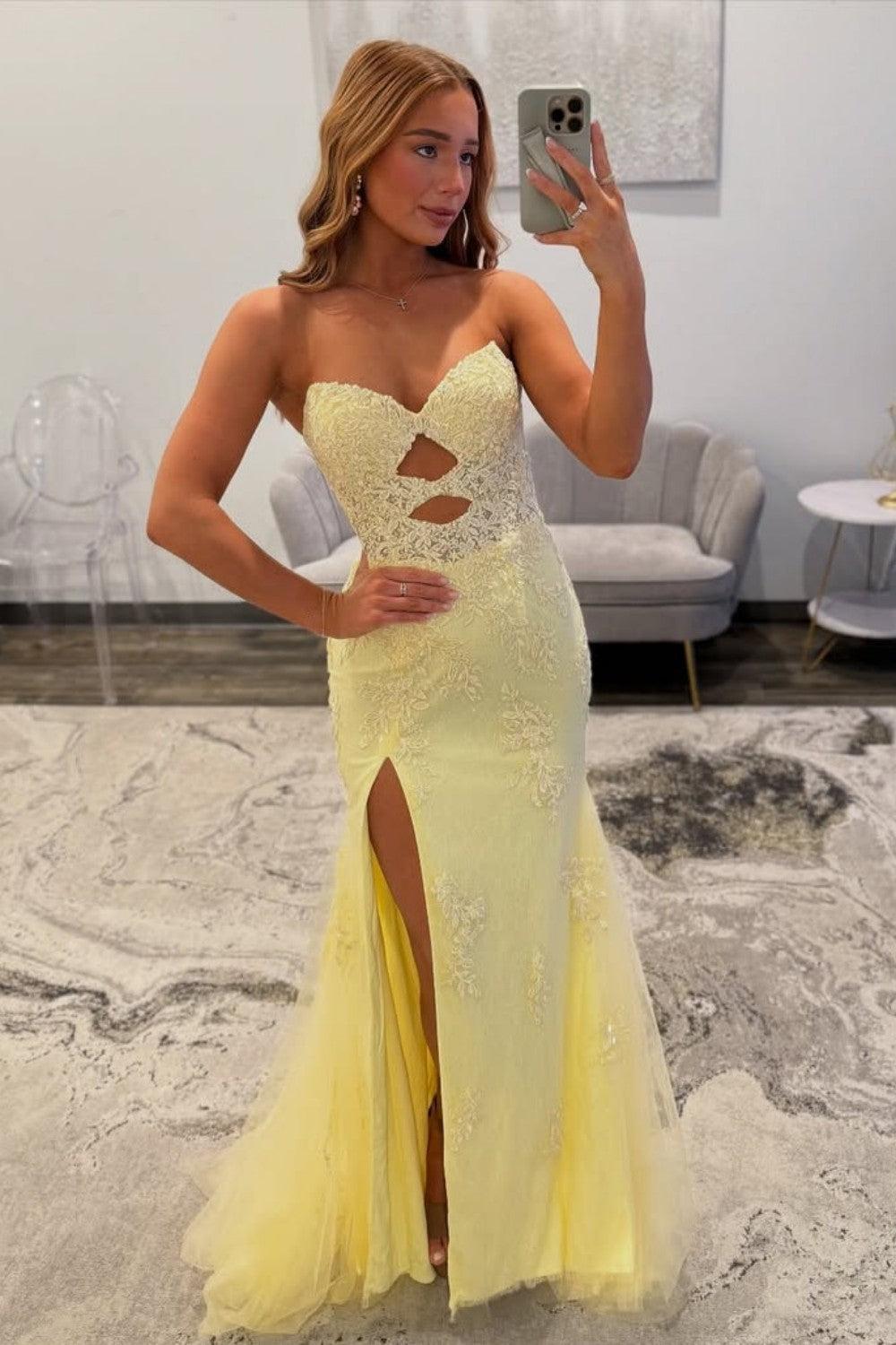 Suzhoufashion Yellow Sweetheart Lace Up Cutout Prom Dress With Lace Details Formal Evening Gown