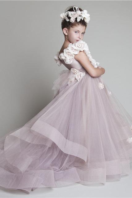 Sweep Train Flower Girl Dresses  Flowers Tiered Draped Lovely Ball Gown Organza Pink Pageant Dress