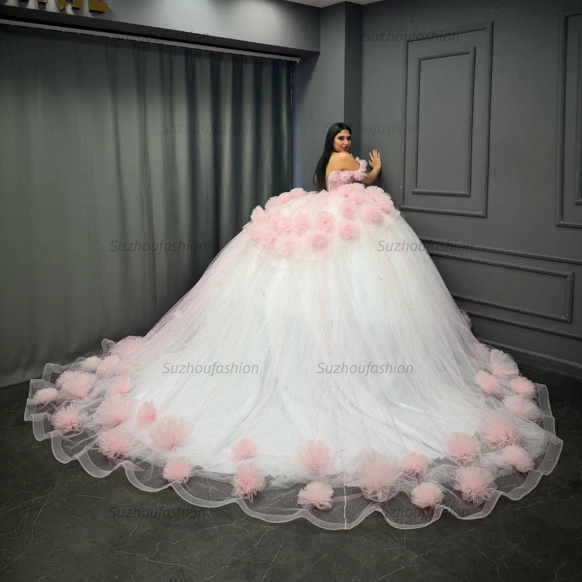 Sweet Ball Gown Off Shoulder Sleeveless Pleated Beaded Flowers Glitter Baby Pink Tulle Quinceanera Dress Forml Evening Dress Birthday Party Dress For Sweet 16