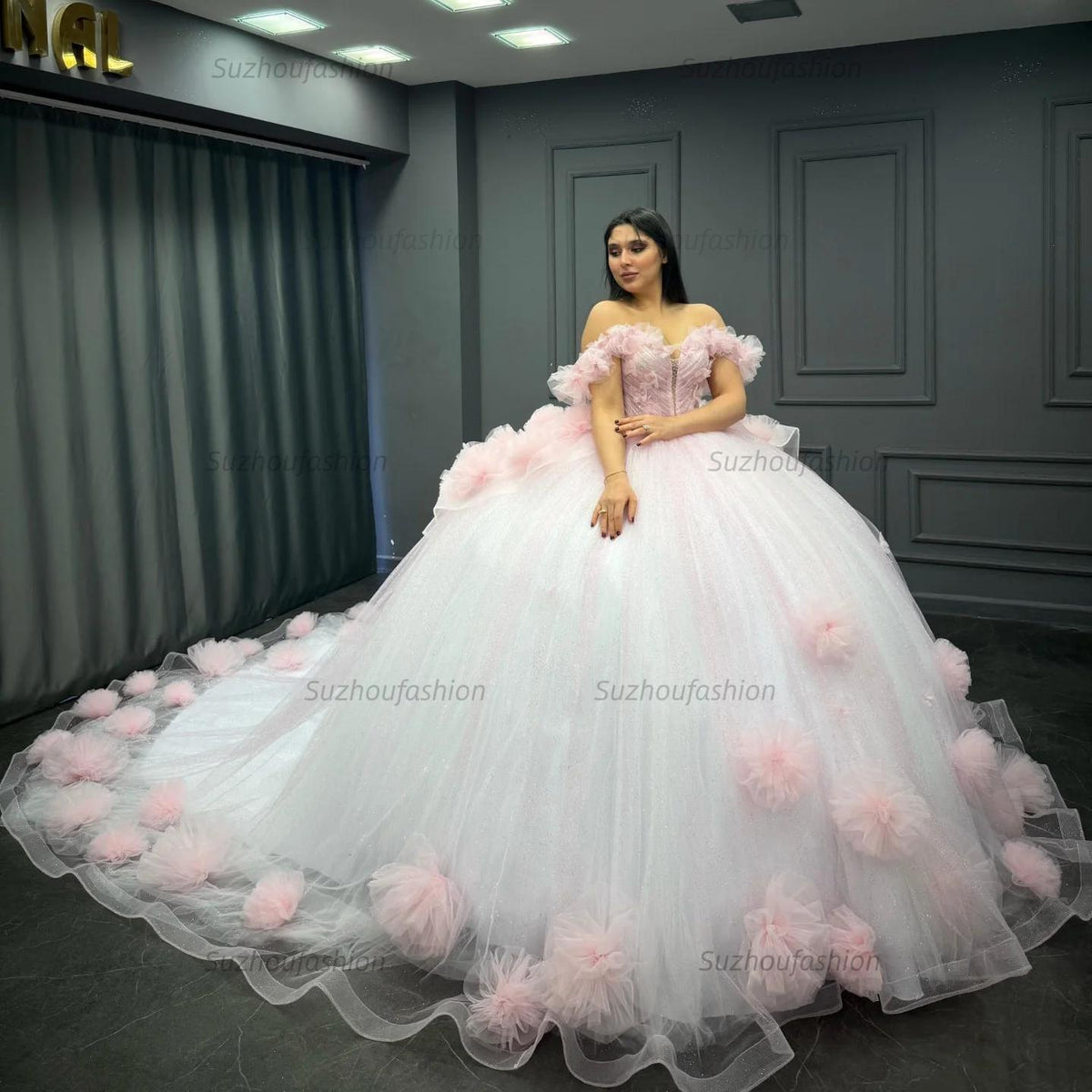 Sweet Ball Gown Off Shoulder Sleeveless Pleated Beaded Flowers Glitter Baby Pink Tulle Quinceanera Dress Forml Evening Dress Birthday Party Dress For Sweet 16