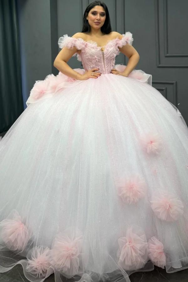 Sweet Ball Gown Off Shoulder Sleeveless Pleated Beaded Flowers Glitter Baby Pink Tulle Quinceanera Dress Forml Evening Dress Birthday Party Dress For Sweet 16