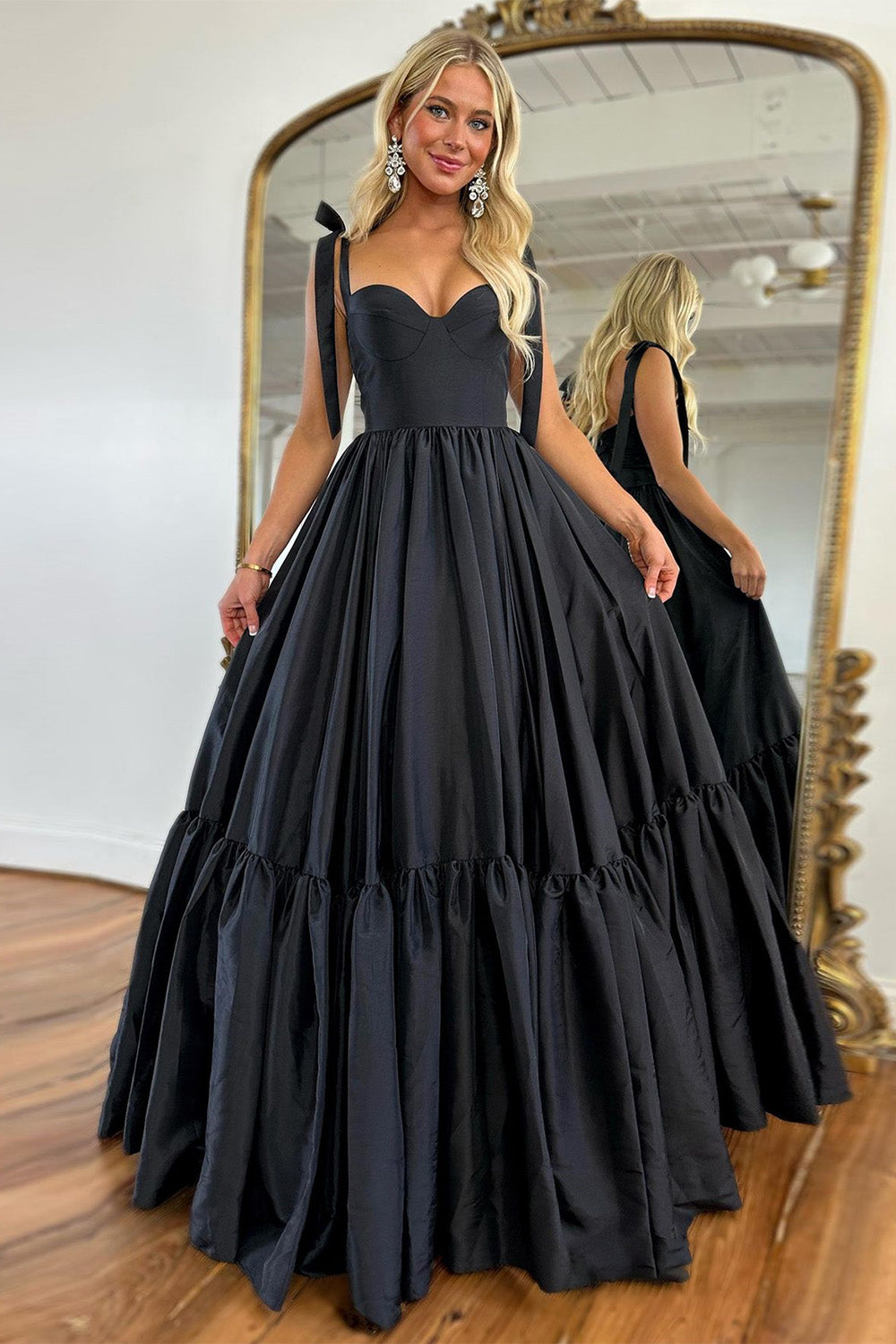 Cute Black A-Line Satin Tie Straps Long Prom Dress - View 5 | VelvetHem