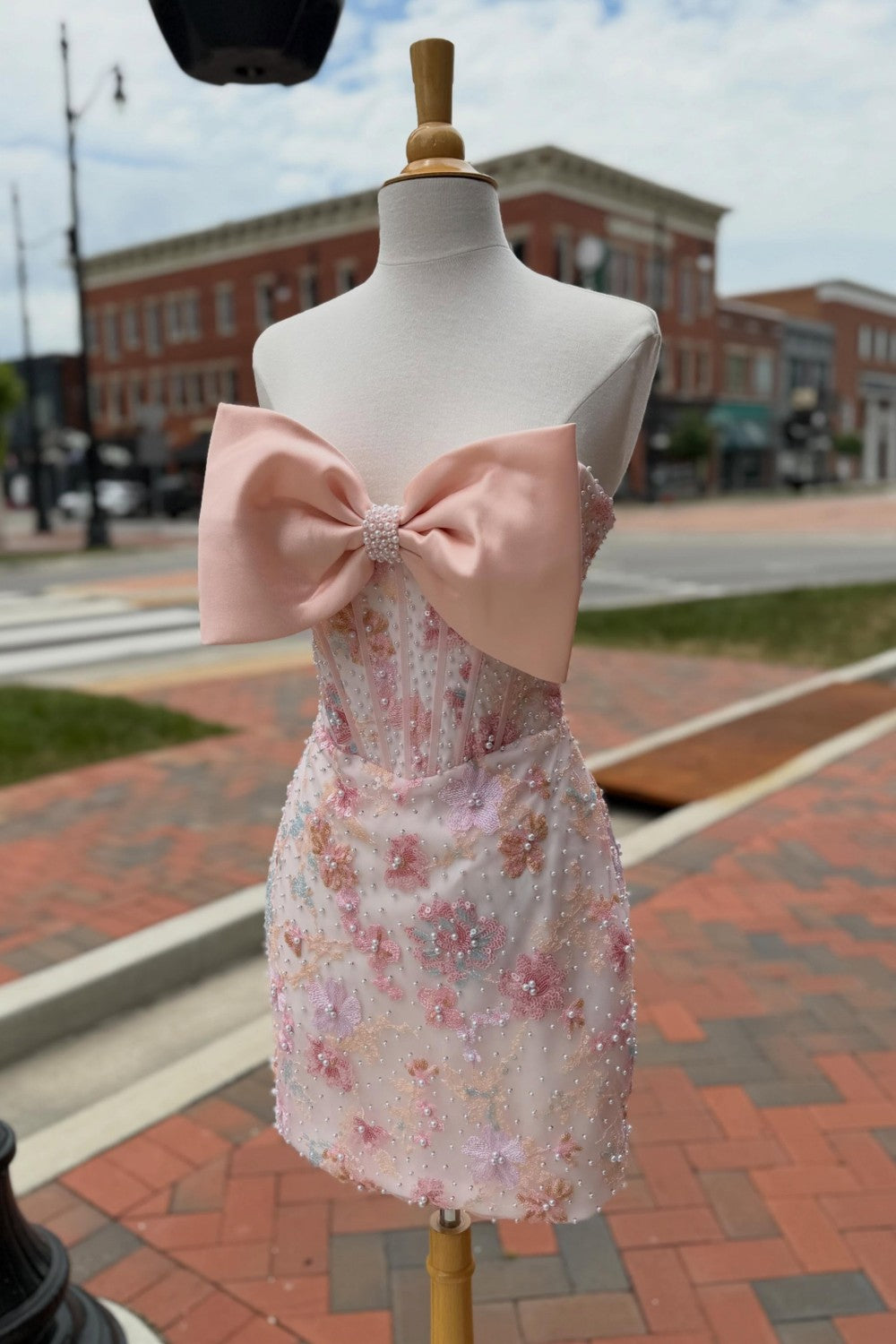 Sweet Blush Pink Strapless Party Dress with Bow Accent and Sparkly Floral Embellishment