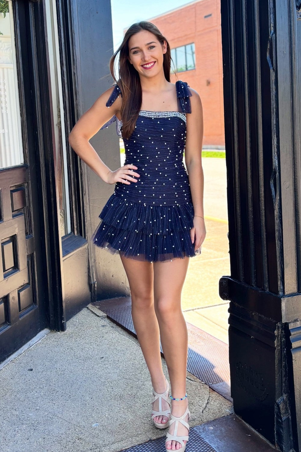 Sweet Tulle Square Neck Homecoming Dress with Pearl Details and Layered Skirt
