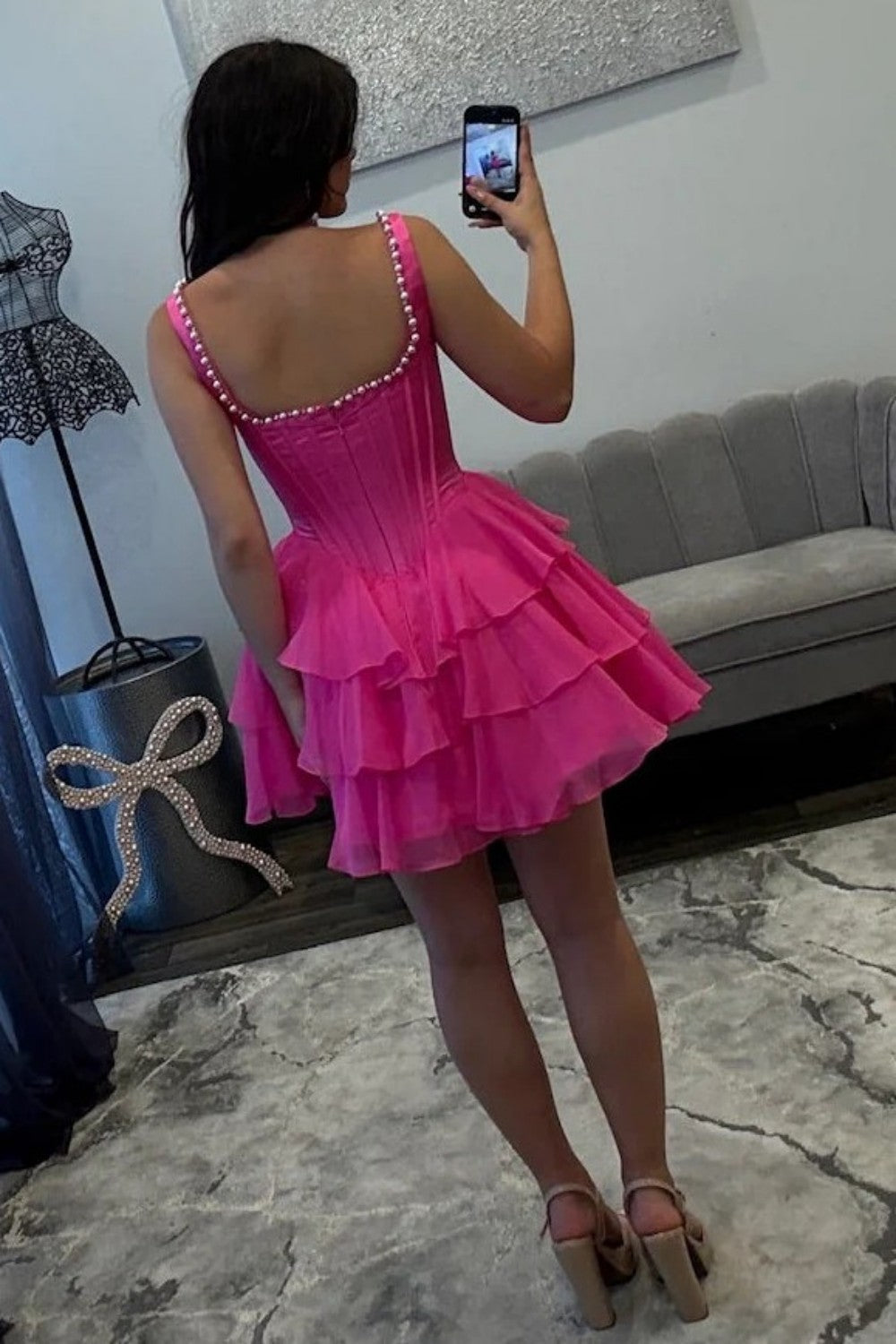 New Arrival A Line Square Neck Light Blue Floral Printed Short Homecoming Dress with Pearls