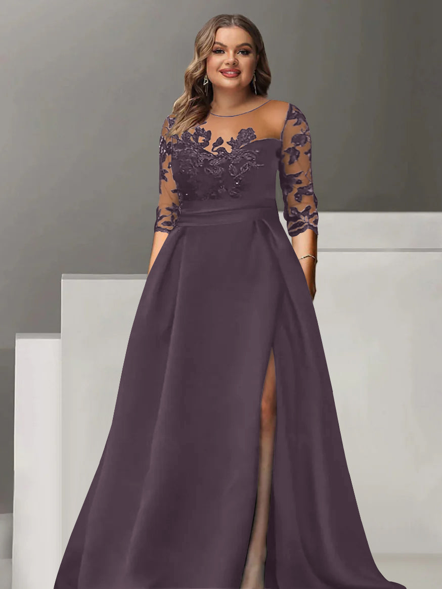 Sweetheart A Line Long Plus Size Mother of the Bride Dress with 3/4 Sleeves Lace & Side Split