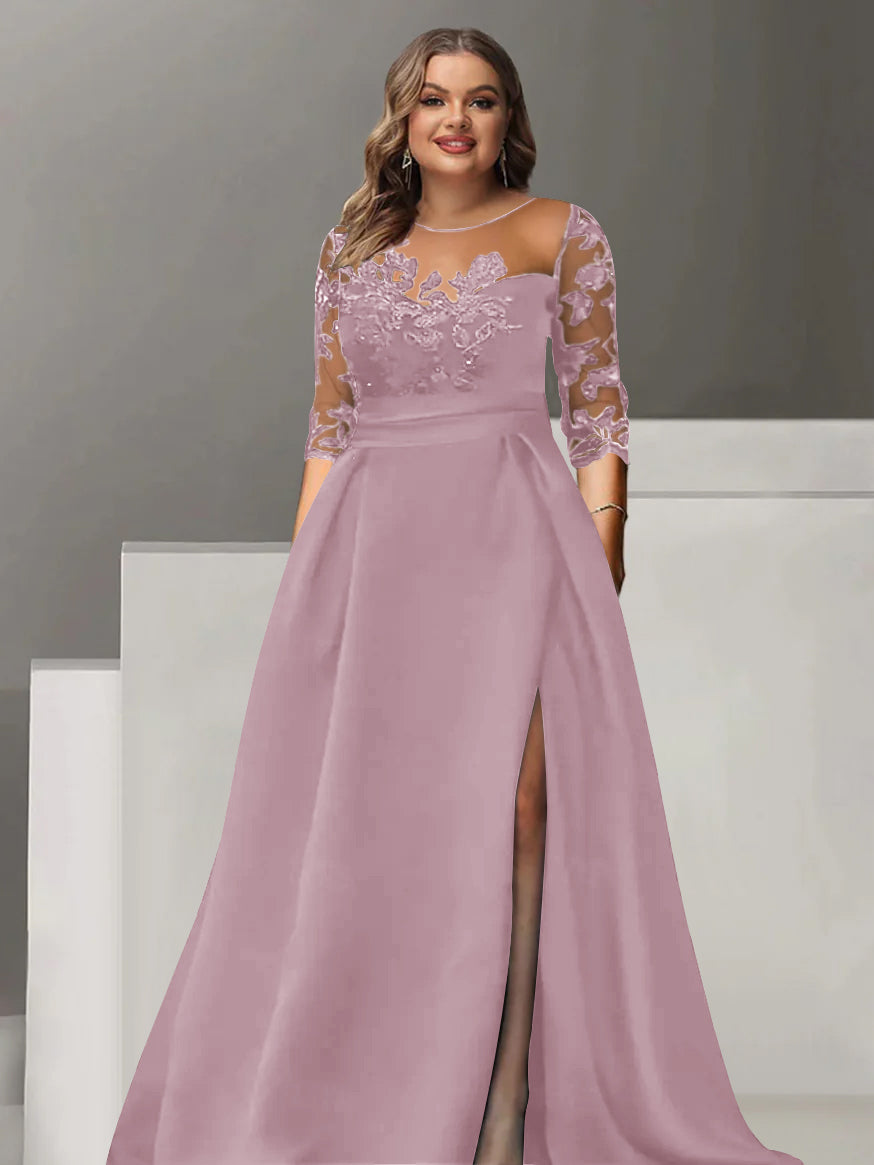 Sweetheart A Line Long Plus Size Mother of the Bride Dress with 3/4 Sleeves Lace & Side Split