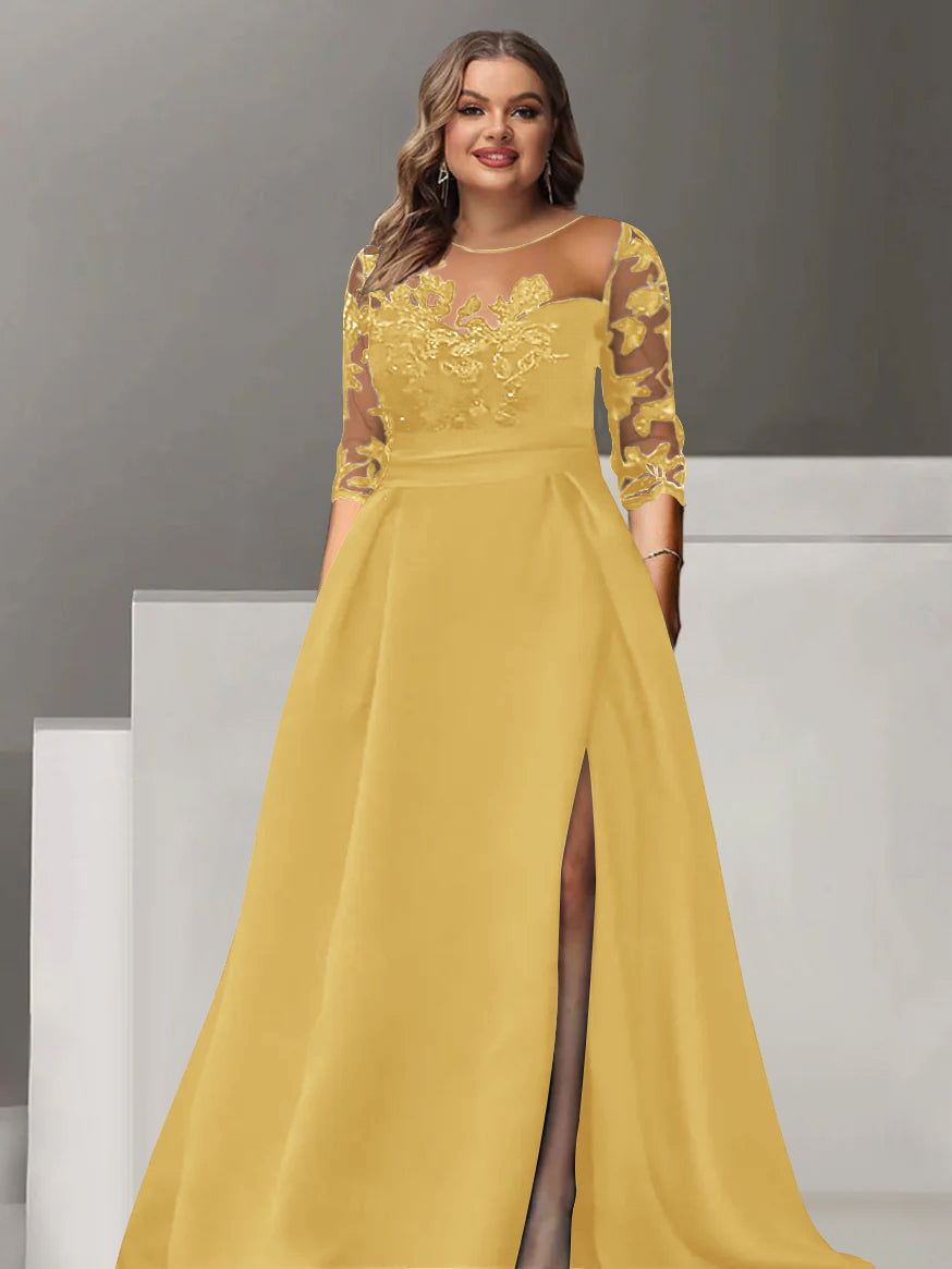 Sweetheart A Line Long Plus Size Mother of the Bride Dress with 3/4 Sleeves Lace & Side Split