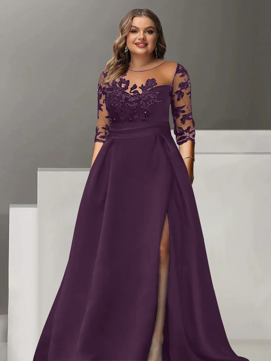 Sweetheart A Line Long Plus Size Mother of the Bride Dress with 3/4 Sleeves Lace & Side Split