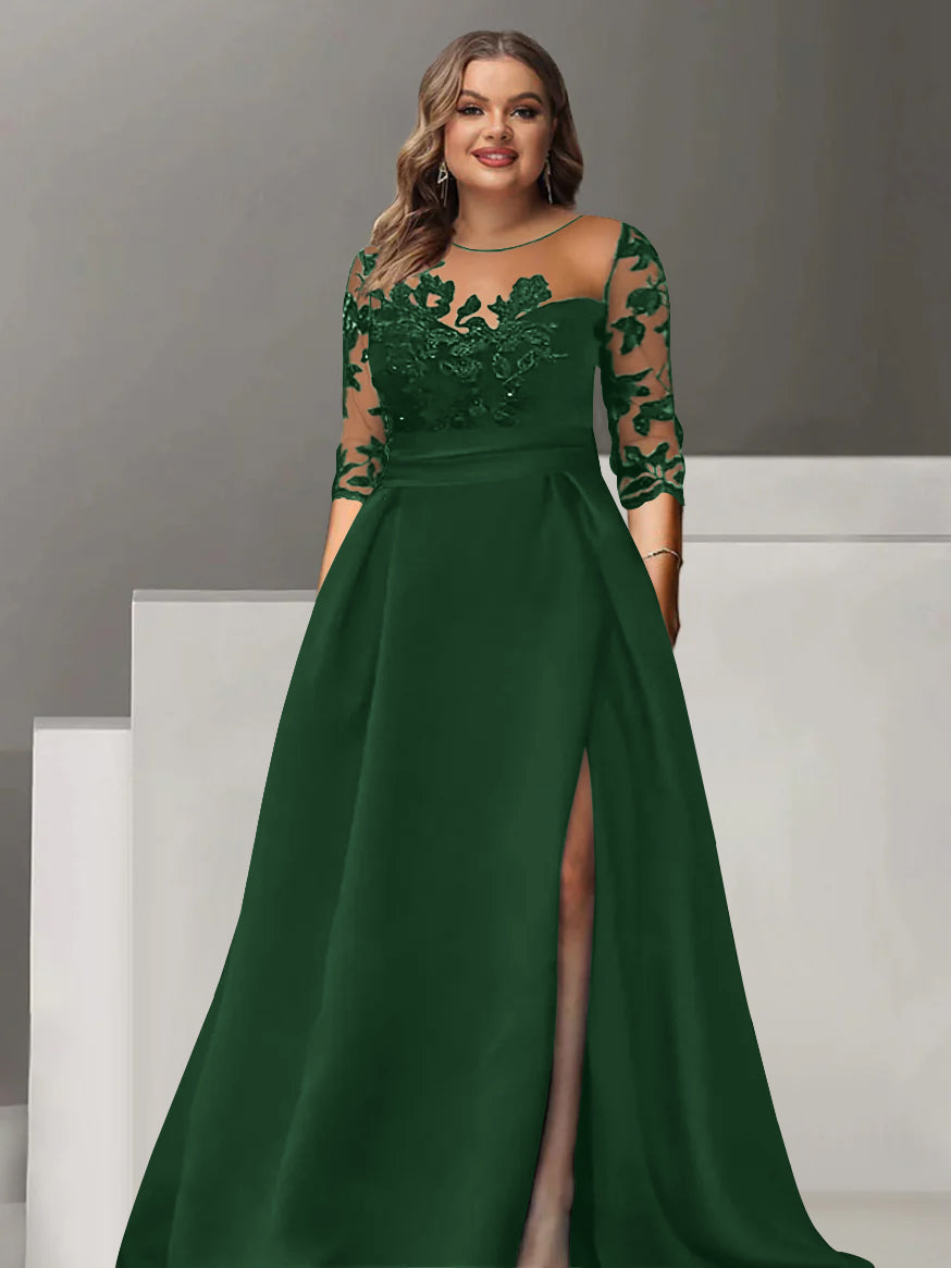 Sweetheart A Line Long Plus Size Mother of the Bride Dress with 3/4 Sleeves Lace & Side Split