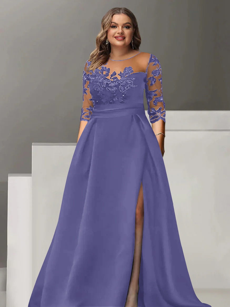 Sweetheart A Line Long Plus Size Mother of the Bride Dress with 3/4 Sleeves Lace & Side Split