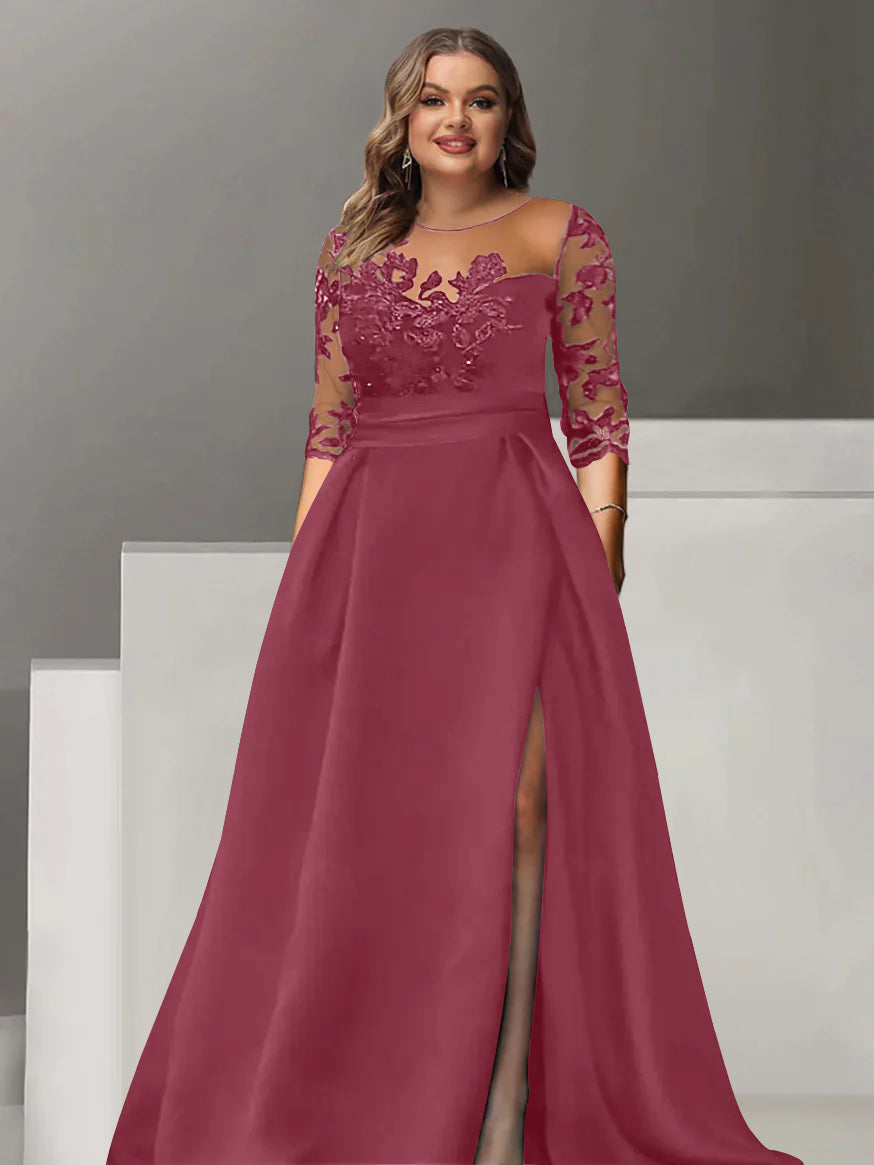 Sweetheart A Line Long Plus Size Mother of the Bride Dress with 3/4 Sleeves Lace & Side Split
