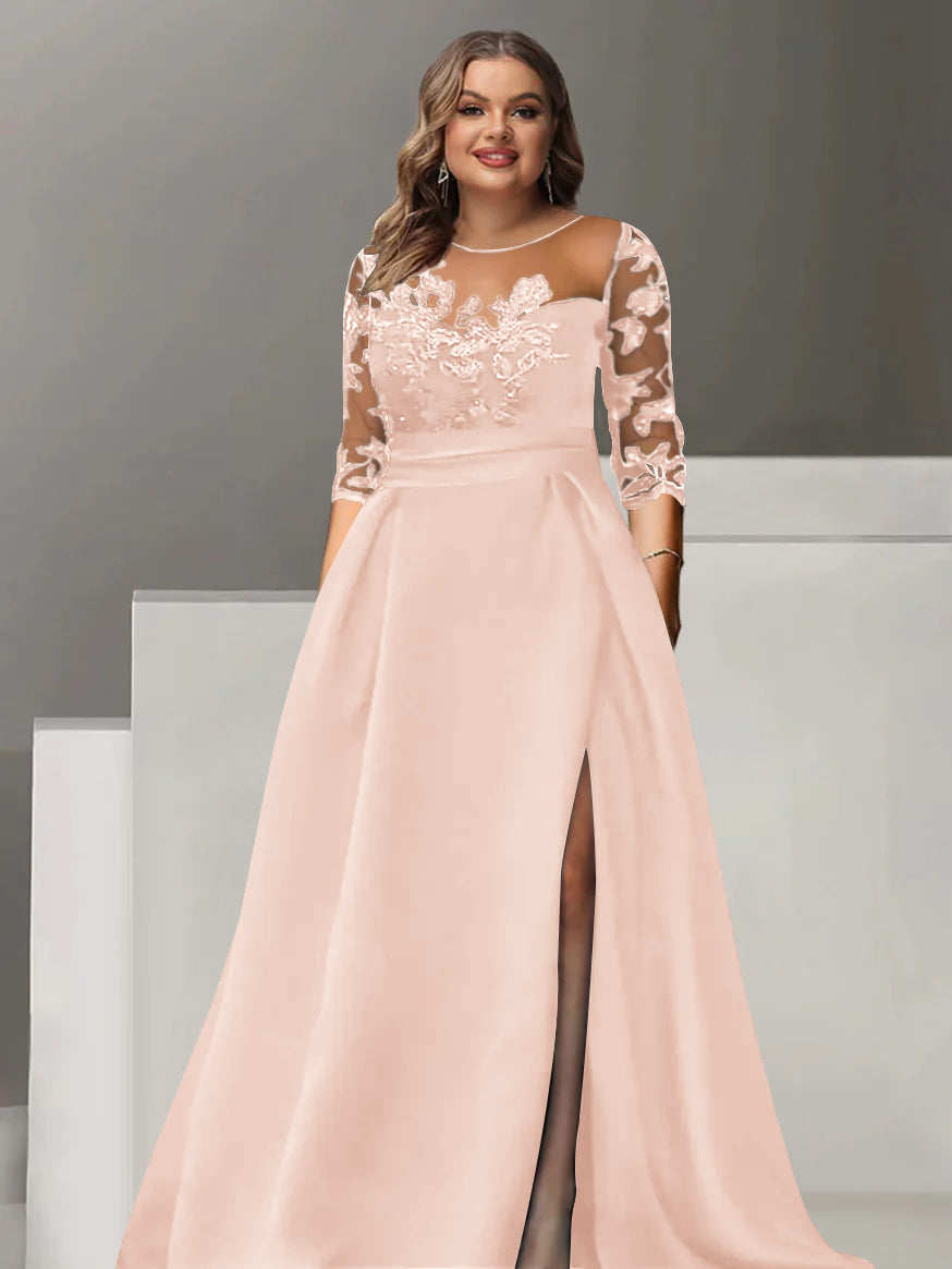 Sweetheart A Line Long Plus Size Mother of the Bride Dress with 3/4 Sleeves Lace & Side Split