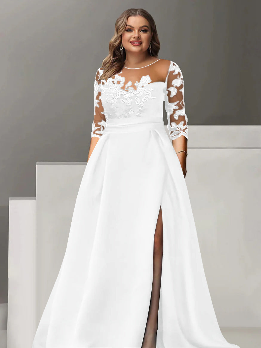 Sweetheart A Line Long Plus Size Mother of the Bride Dress with 3/4 Sleeves Lace & Side Split