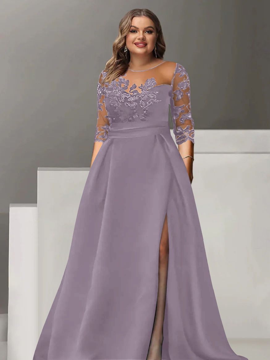Sweetheart A Line Long Plus Size Mother of the Bride Dress with 3/4 Sleeves Lace & Side Split