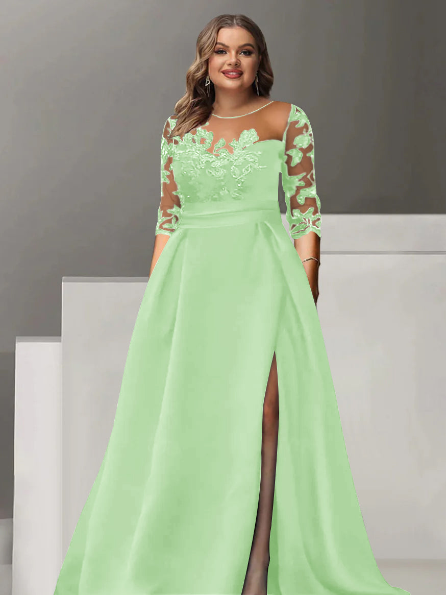 Sweetheart A Line Long Plus Size Mother of the Bride Dress with 3/4 Sleeves Lace & Side Split
