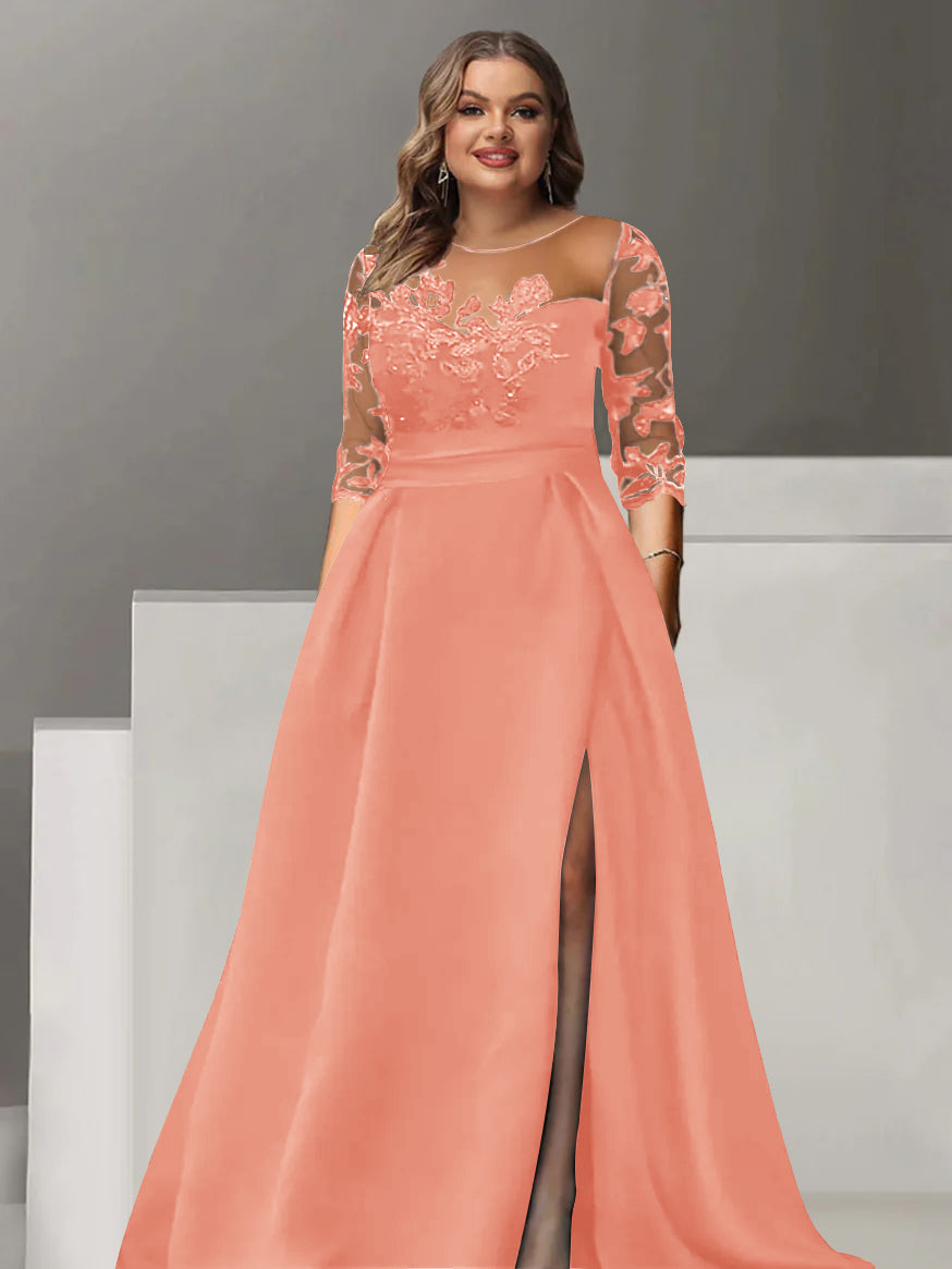 Sweetheart A Line Long Plus Size Mother of the Bride Dress with 3/4 Sleeves Lace & Side Split