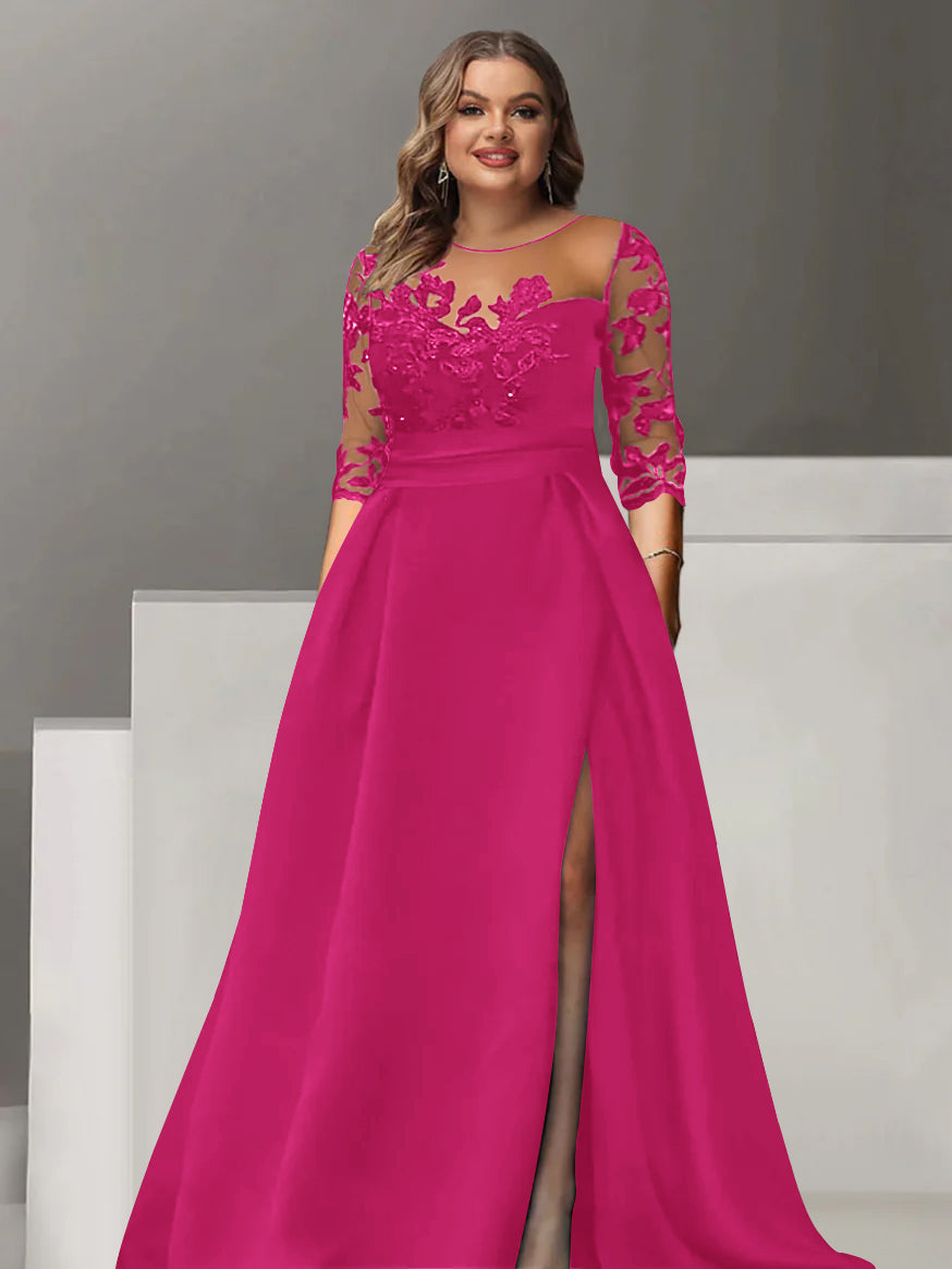 Sweetheart A Line Long Plus Size Mother of the Bride Dress with 3/4 Sleeves Lace & Side Split