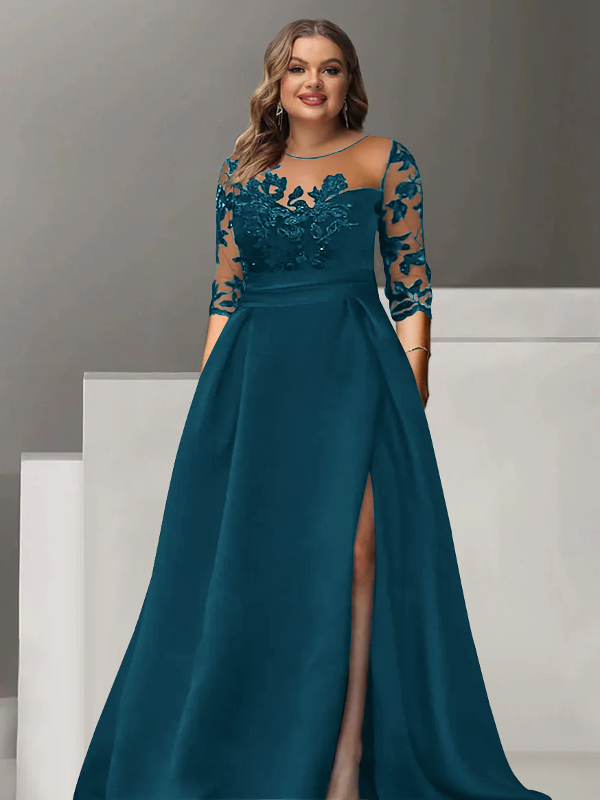 Sweetheart A Line Long Plus Size Mother of the Bride Dress with 3/4 Sleeves Lace & Side Split