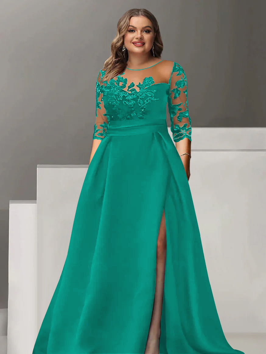 Sweetheart A Line Long Plus Size Mother of the Bride Dress with 3/4 Sleeves Lace & Side Split
