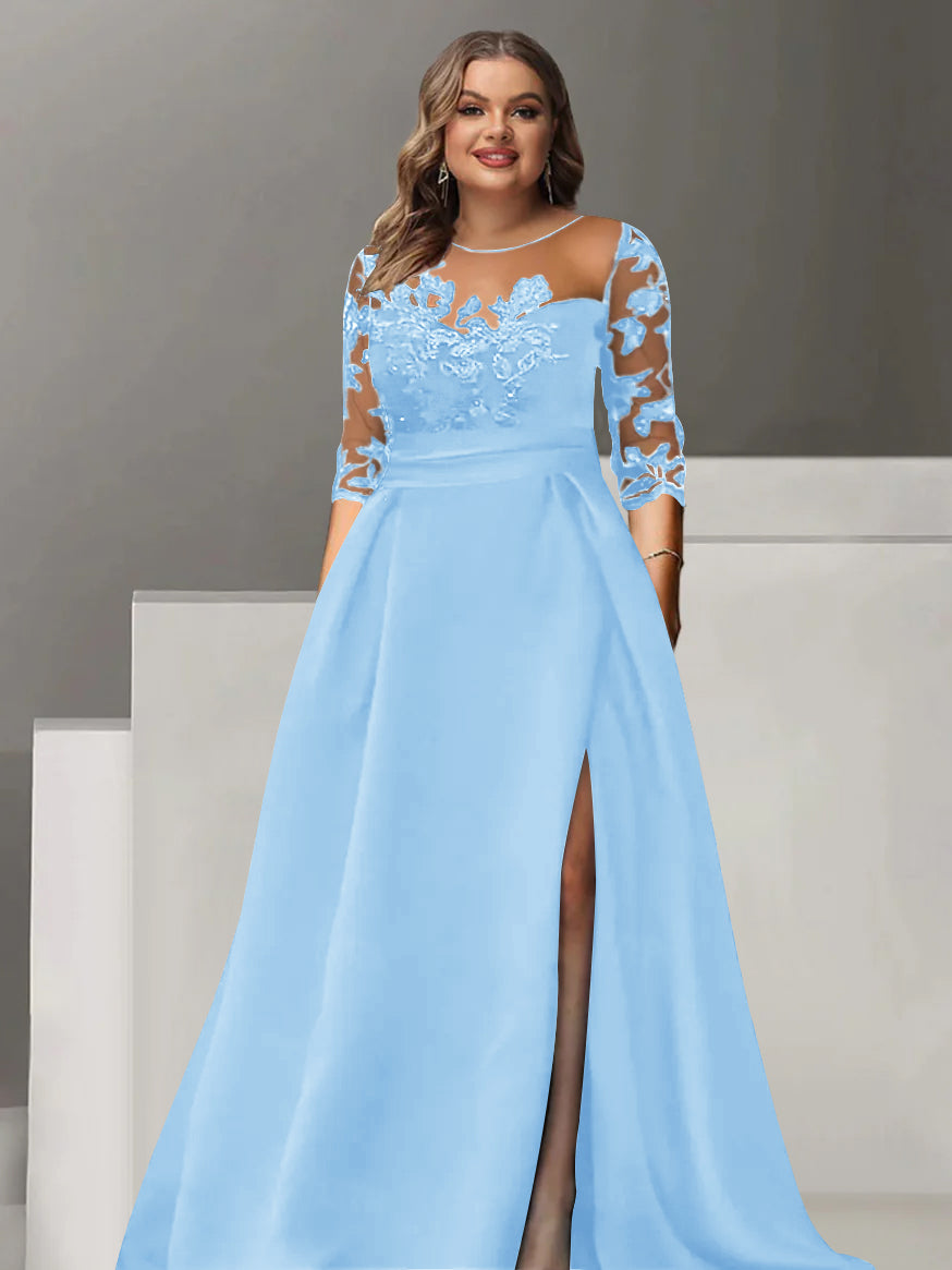 Sweetheart A Line Long Plus Size Mother of the Bride Dress with 3/4 Sleeves Lace & Side Split