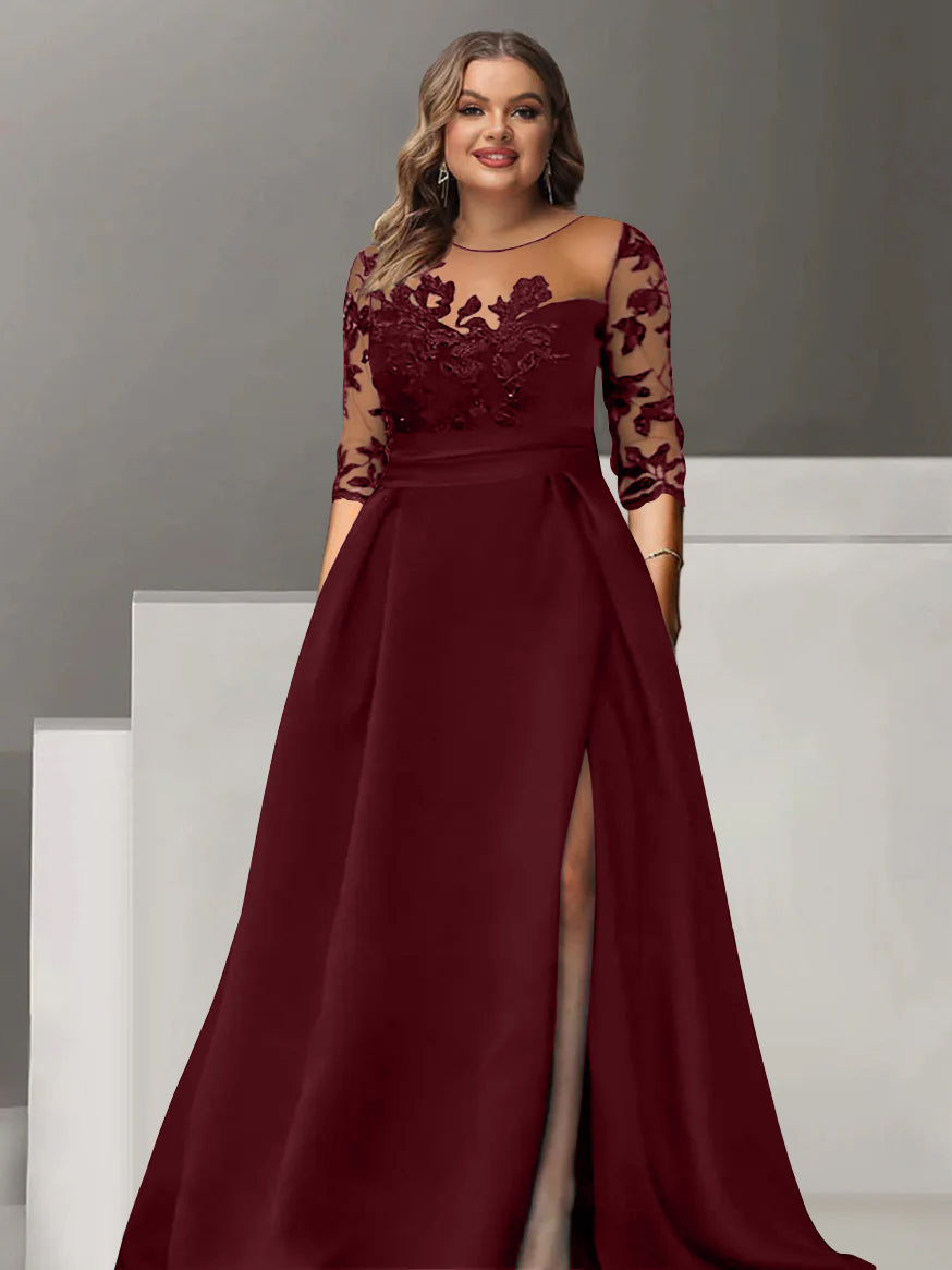 Sweetheart A Line Long Plus Size Mother of the Bride Dress with 3/4 Sleeves Lace & Side Split